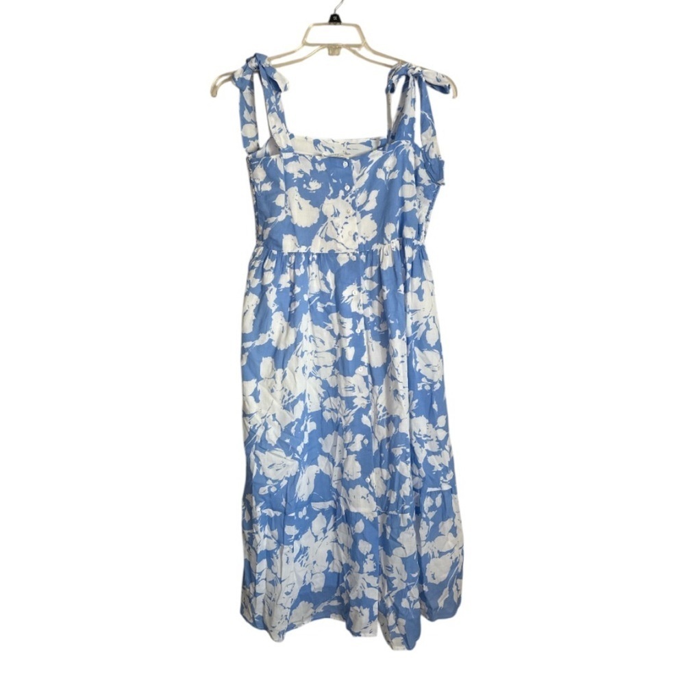 Blue and White Square Neck Sleeveless Midi Dress